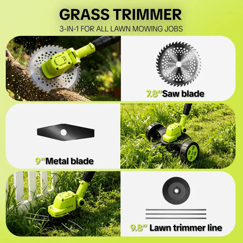 21V Cordless 3-in-1 Grass Trimmer, Edger & Mini Lawn Mower with 2 Batteries