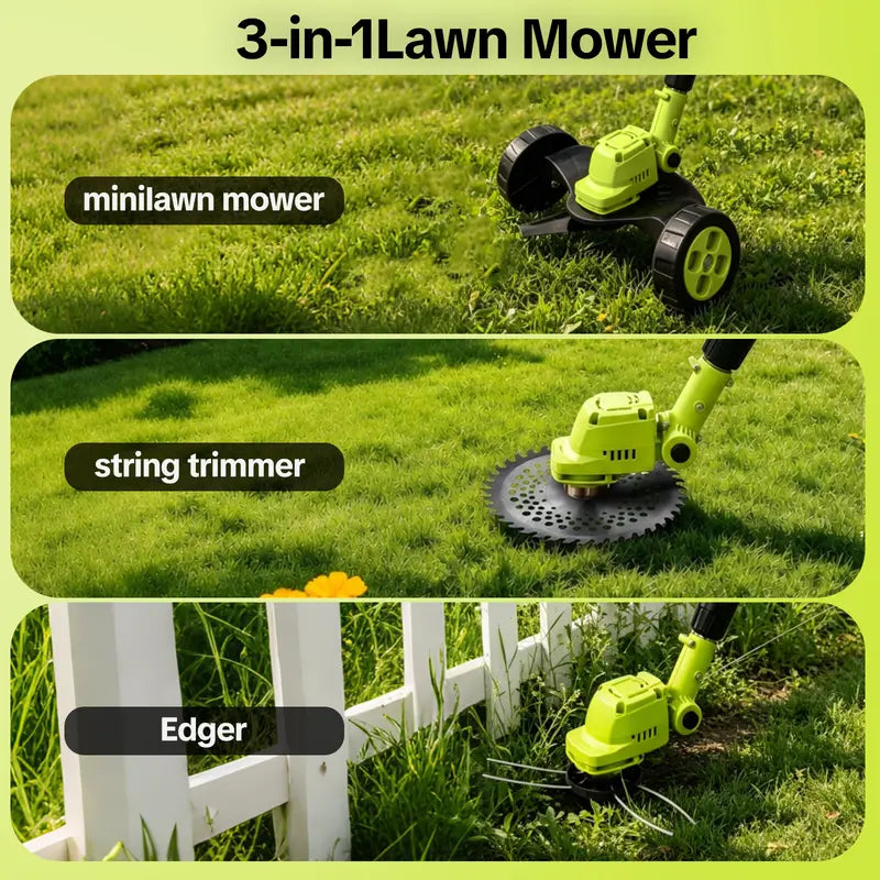 21V Cordless 3-in-1 Grass Trimmer, Edger & Mini Lawn Mower with 2 Batteries